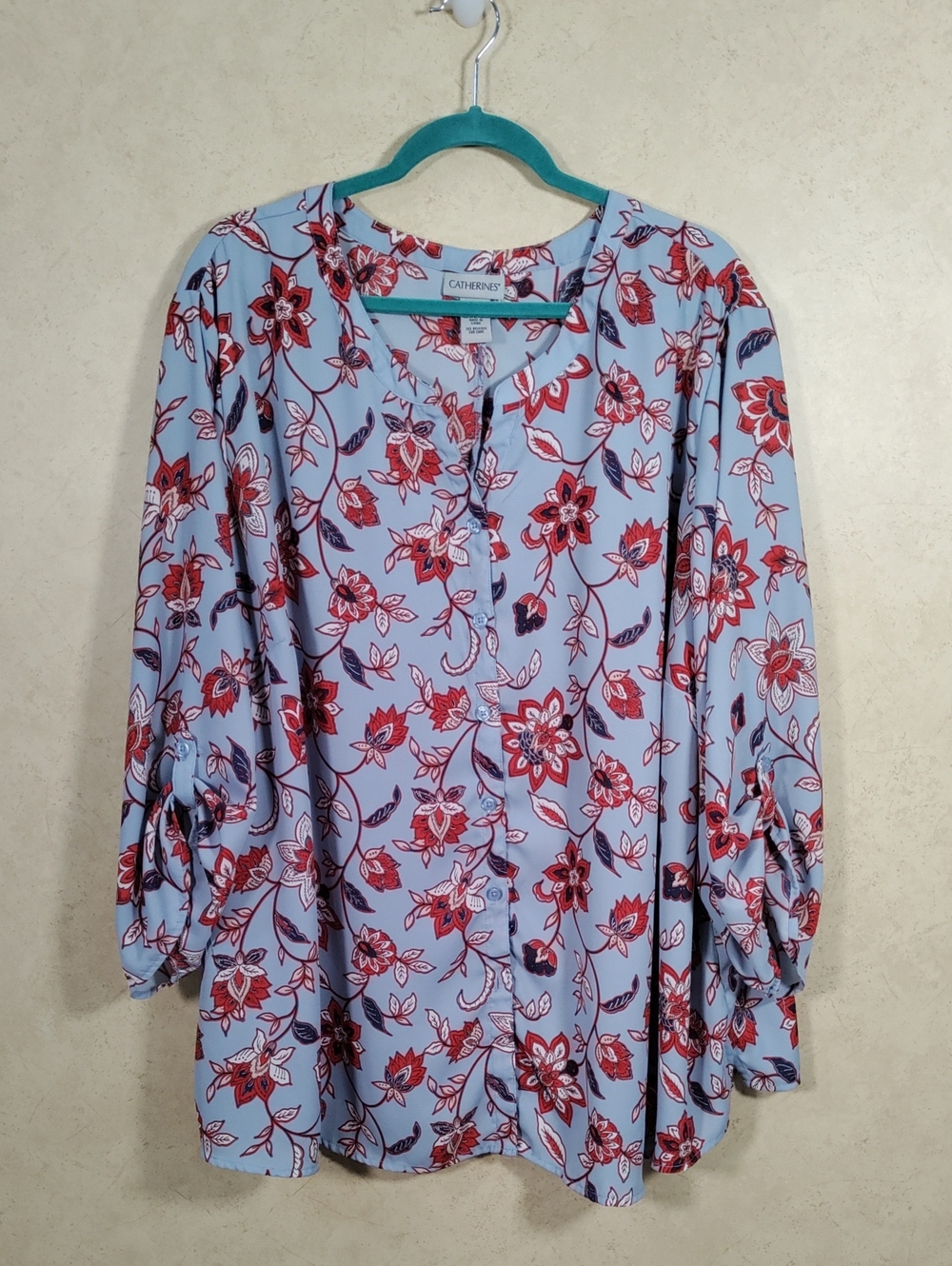H158 Catherines Light Blue Button-Front Floral Blouse 4X